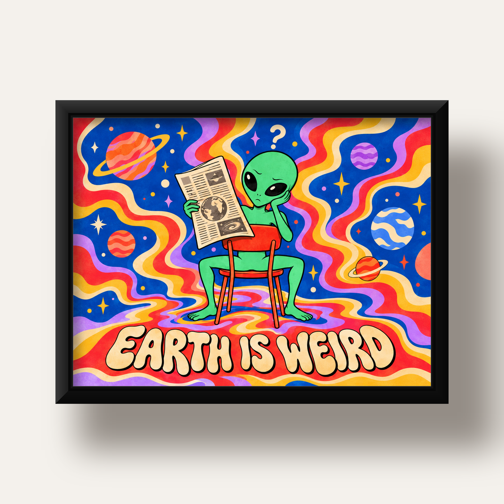 Uzaylı ve Retro Psikedelik Desenli Pop-Art Poster — siyah derin çerçeveli