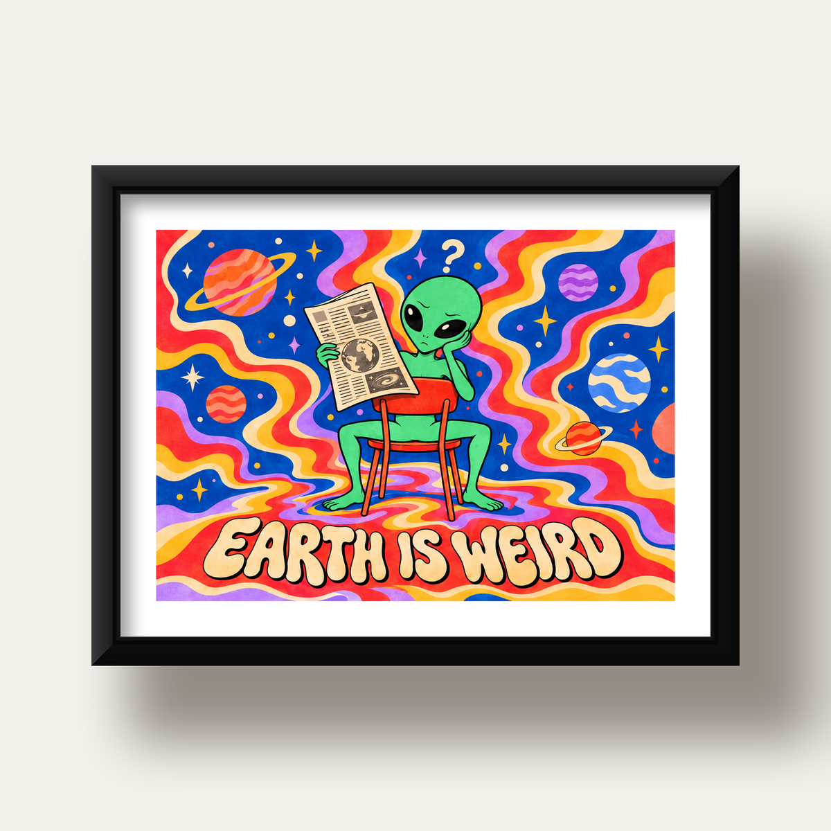 Uzaylı ve Retro Psikedelik Desenli Pop-Art Poster — siyah derin çerçeveli paspartulu