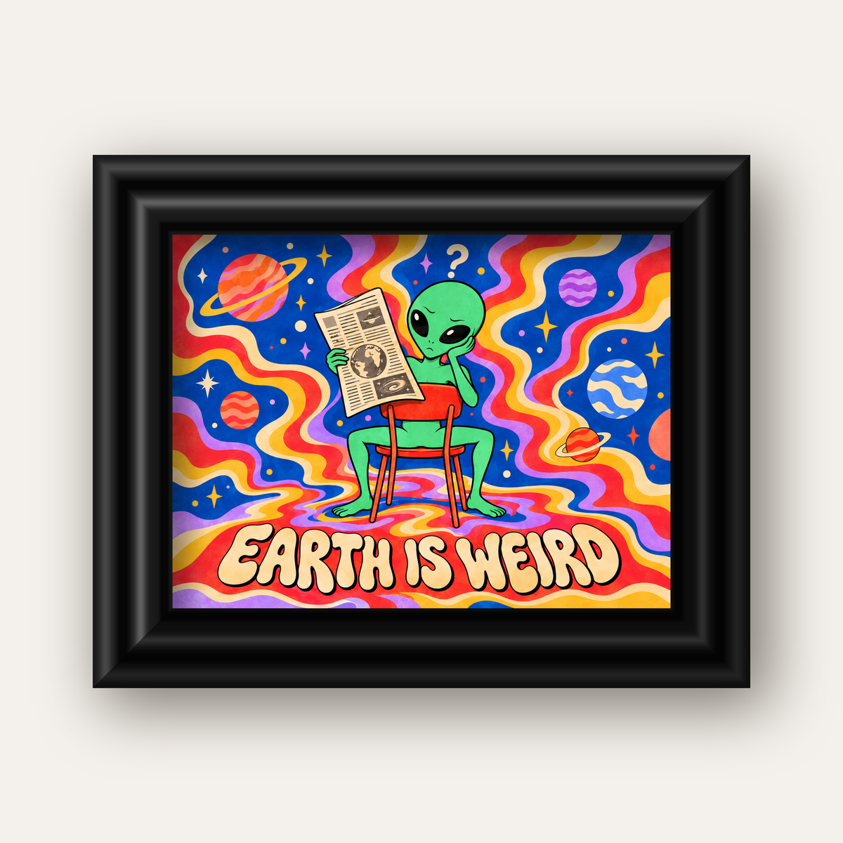 Uzaylı ve Retro Psikedelik Desenli Pop-Art Poster — siyah galeri çerçeveli