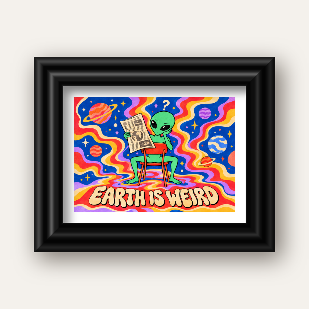 Uzaylı ve Retro Psikedelik Desenli Pop-Art Poster — siyah galeri çerçeveli paspartulu