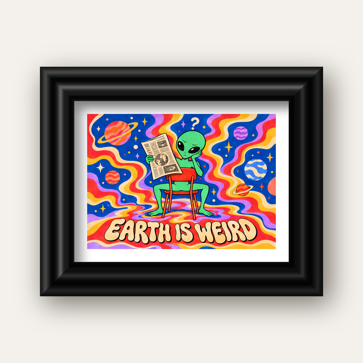 Uzaylı ve Retro Psikedelik Desenli Pop-Art Poster — siyah galeri çerçeveli paspartulu