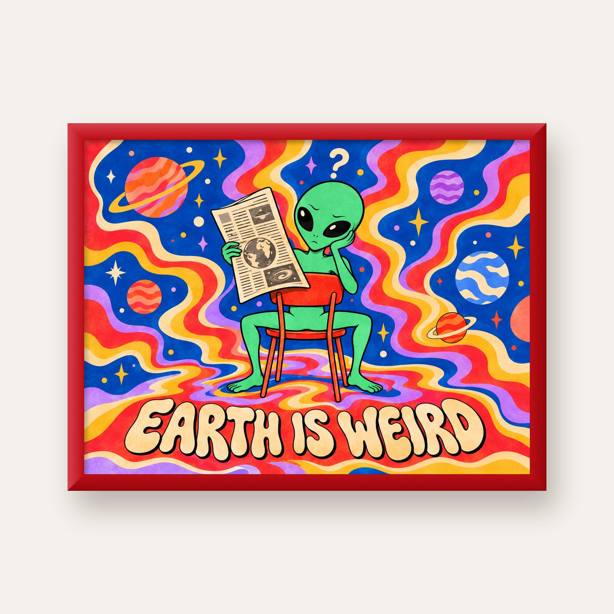 Uzaylı ve Retro Psikedelik Desenli Pop-Art Poster — kırmızı çerçeveli