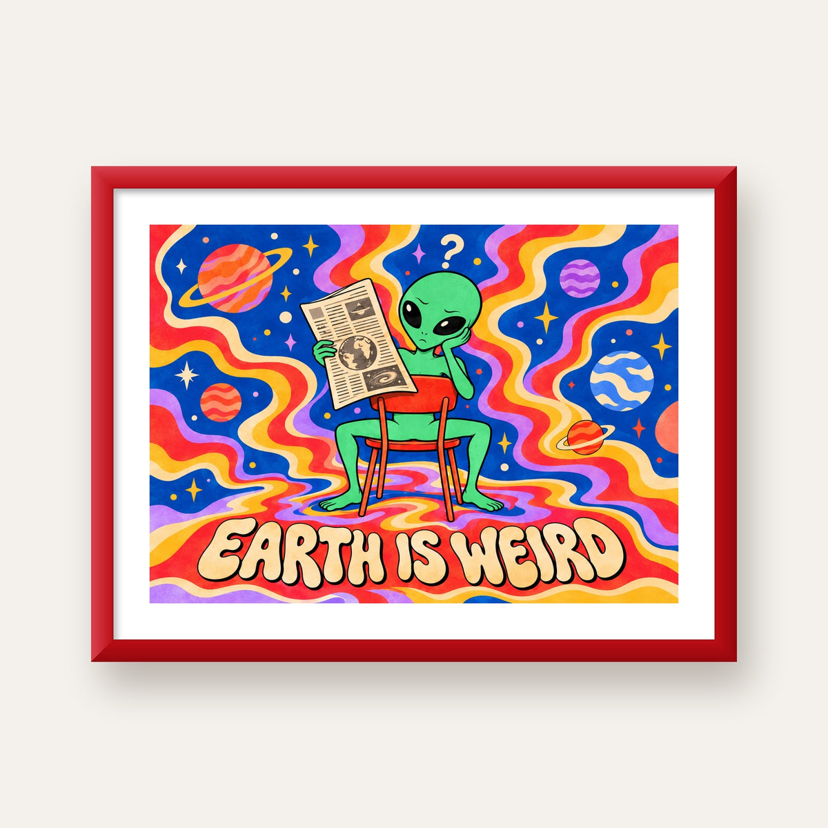 Uzaylı ve Retro Psikedelik Desenli Pop-Art Poster — kırmızı çerçeveli paspartulu