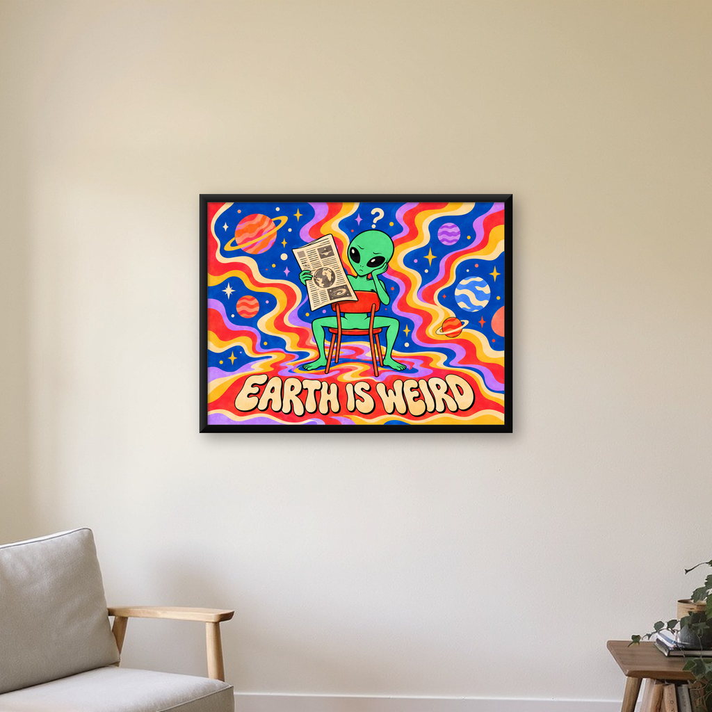 Uzaylı ve Retro Psikedelik Desenli Pop-Art Poster — Yatay baskı, çerçeveli hâliyle bir ev duvarında