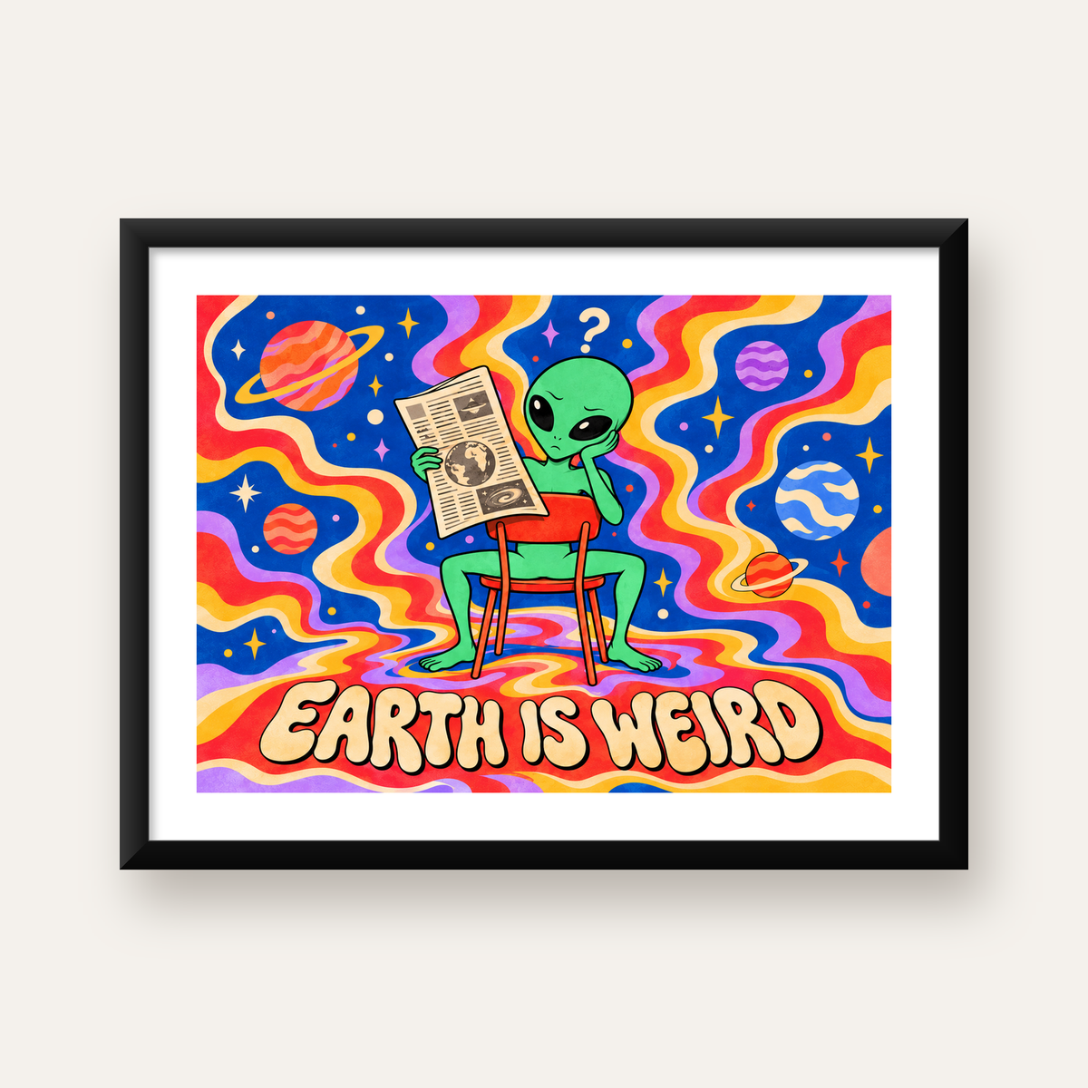 Uzaylı ve Retro Psikedelik Desenli Pop-Art Poster — Yatay baskı, beyaz paspartulu