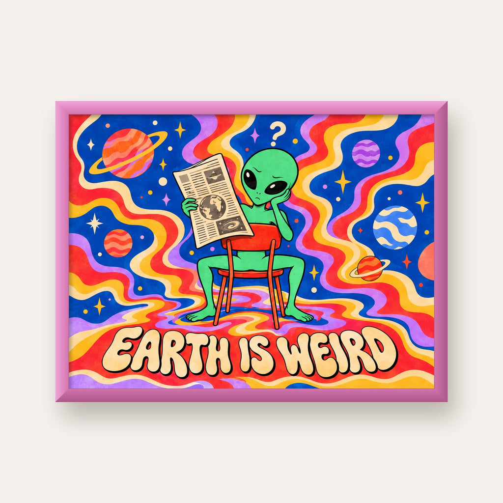 Uzaylı ve Retro Psikedelik Desenli Pop-Art Poster — pembe çerçeveli