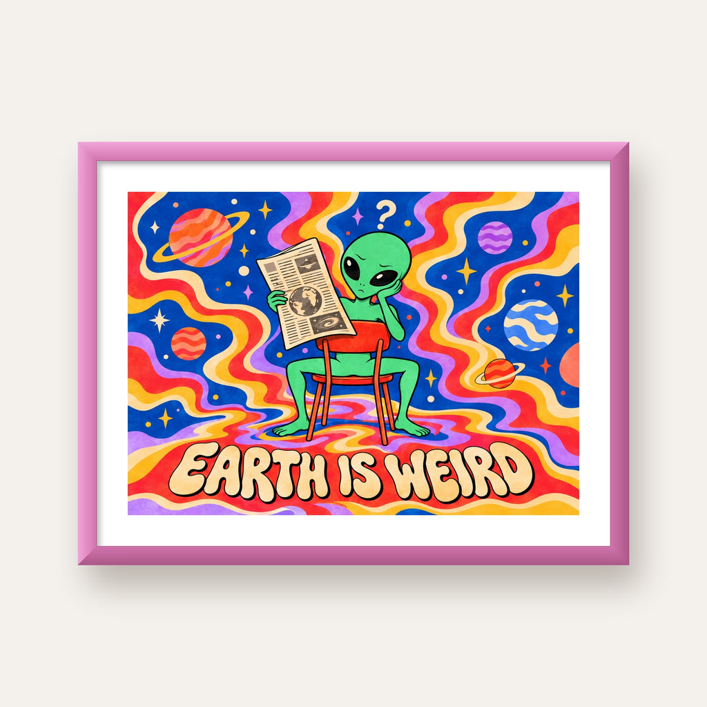 Uzaylı ve Retro Psikedelik Desenli Pop-Art Poster — pembe çerçeveli paspartulu