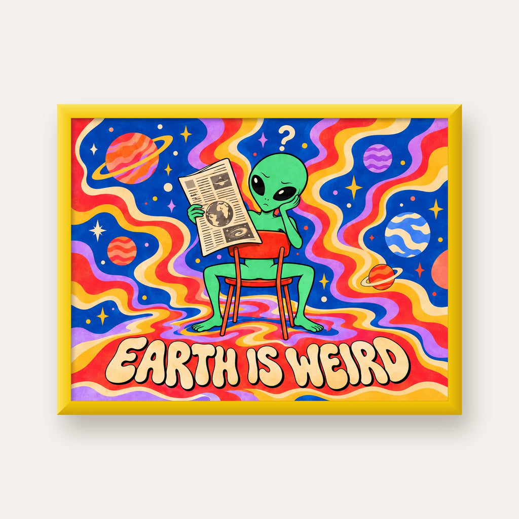 Uzaylı ve Retro Psikedelik Desenli Pop-Art Poster — sarı çerçeveli
