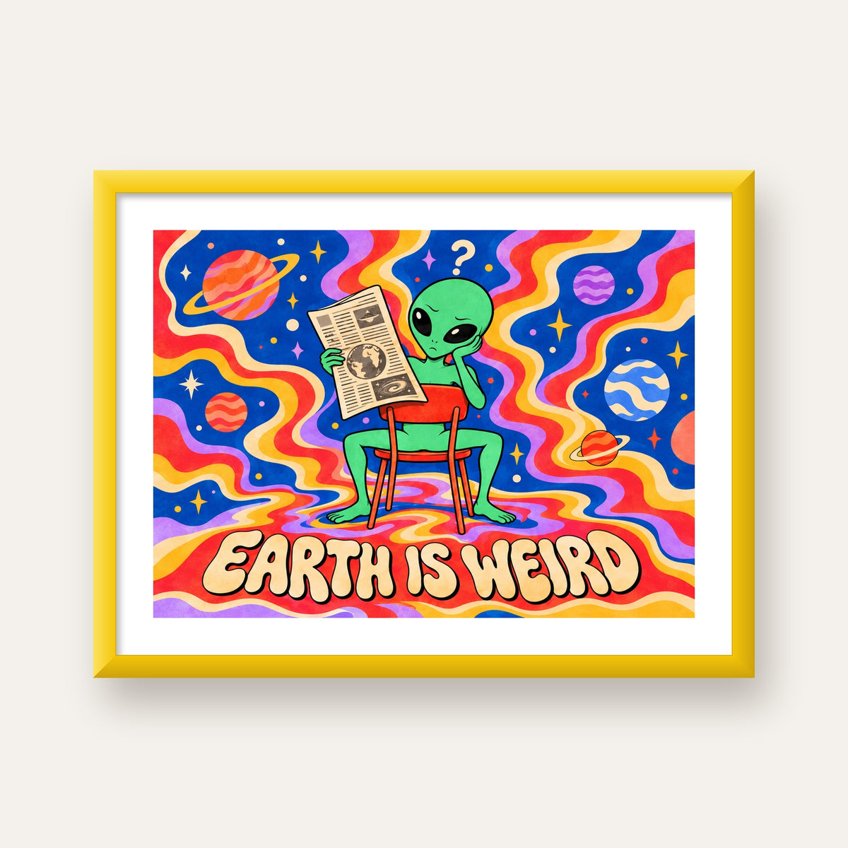 Uzaylı ve Retro Psikedelik Desenli Pop-Art Poster — sarı çerçeveli paspartulu