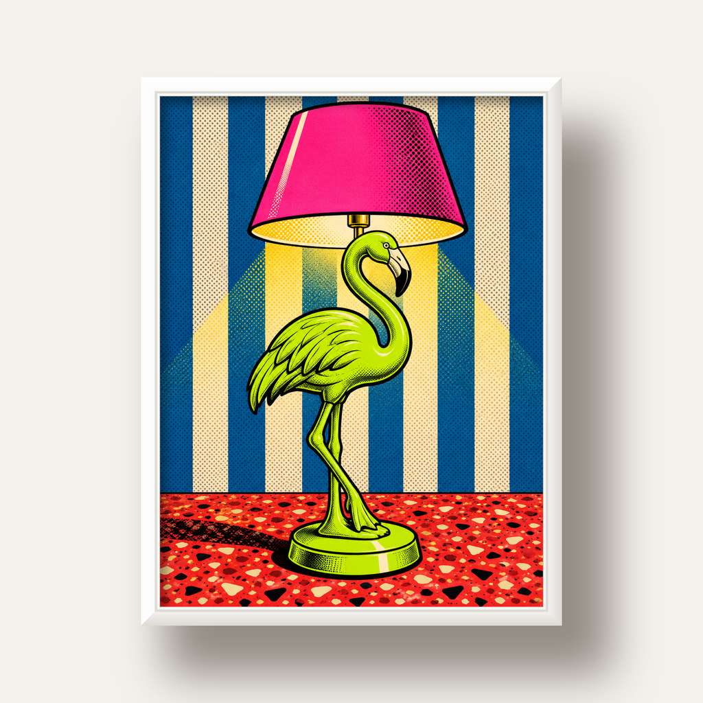 Pop Art Flamingo Lamba Poster – Renkli Duvar Dekoru — beyaz derin çerçeveli