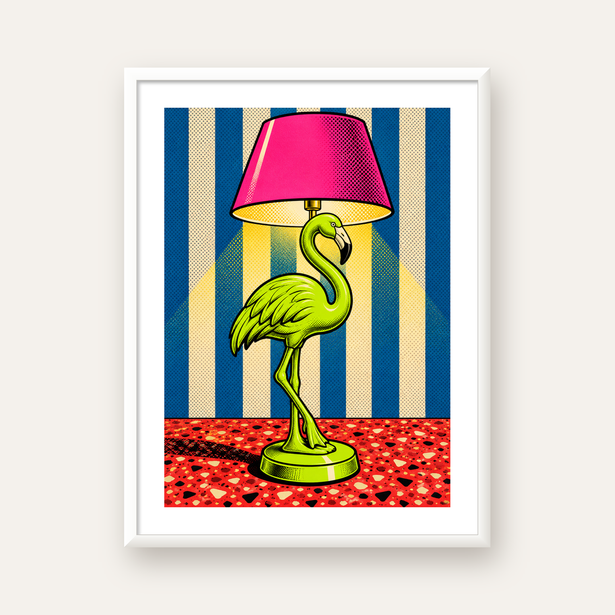 Pop Art Flamingo Lamba Poster – Renkli Duvar Dekoru — beyaz çerçeveli dikey poster