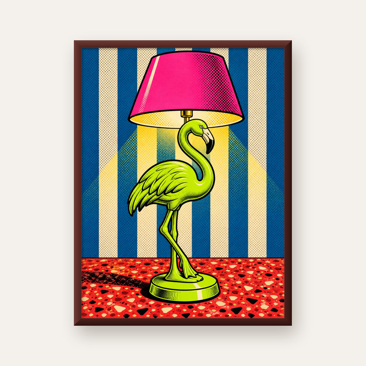 Pop Art Flamingo Lamba Poster – Renkli Duvar Dekoru — ceviz çerçeveli