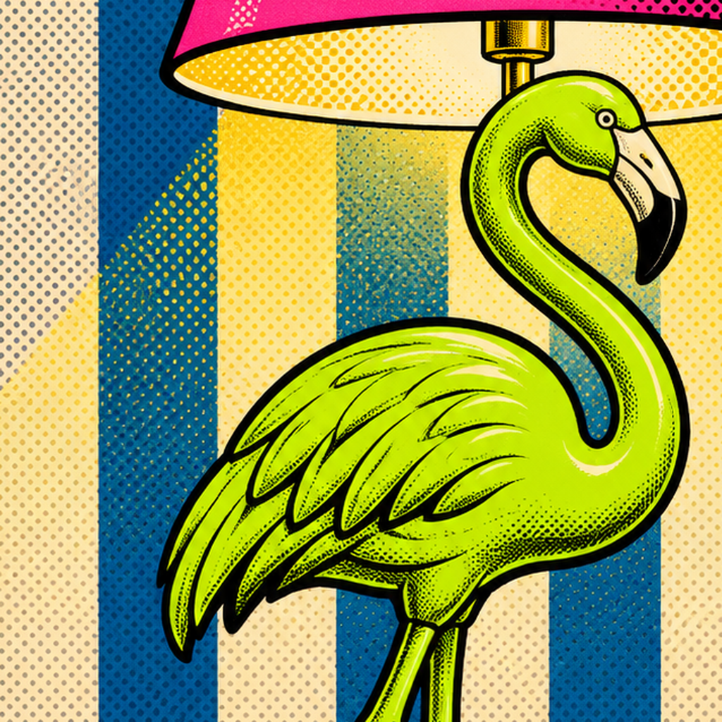 Pop Art Flamingo Lamba Poster – Renkli Duvar Dekoru — baskının yakın çekimi, kâğıt dokusu ve renk detayı