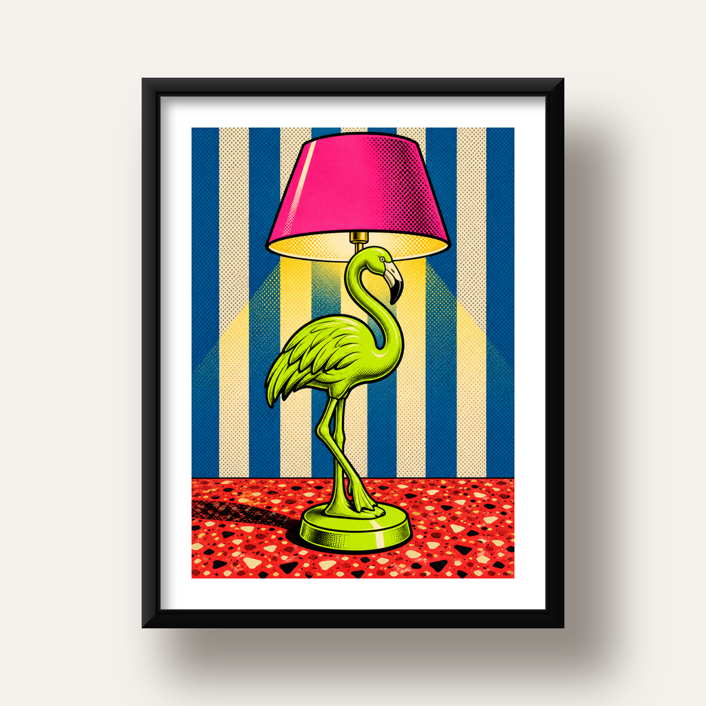 Pop Art Flamingo Lamba Poster – Renkli Duvar Dekoru — siyah derin çerçeveli paspartulu