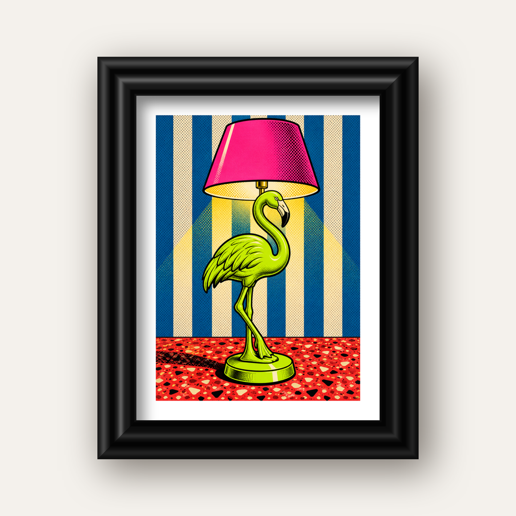Pop Art Flamingo Lamba Poster – Renkli Duvar Dekoru — siyah galeri çerçeveli paspartulu