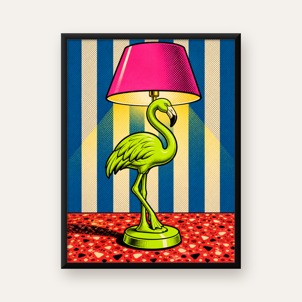 Pop Art Flamingo Lamba Poster – Renkli Duvar Dekoru — Dikey baskı, düz siyah çerçeveli duvar posteri