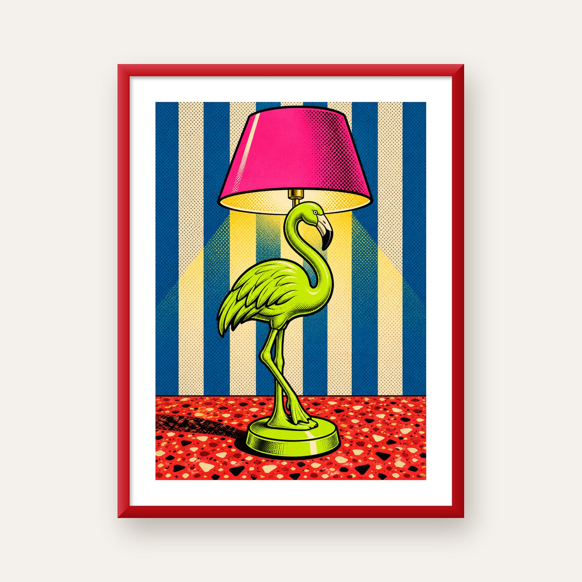 Pop Art Flamingo Lamba Poster – Renkli Duvar Dekoru — kırmızı çerçeveli paspartulu