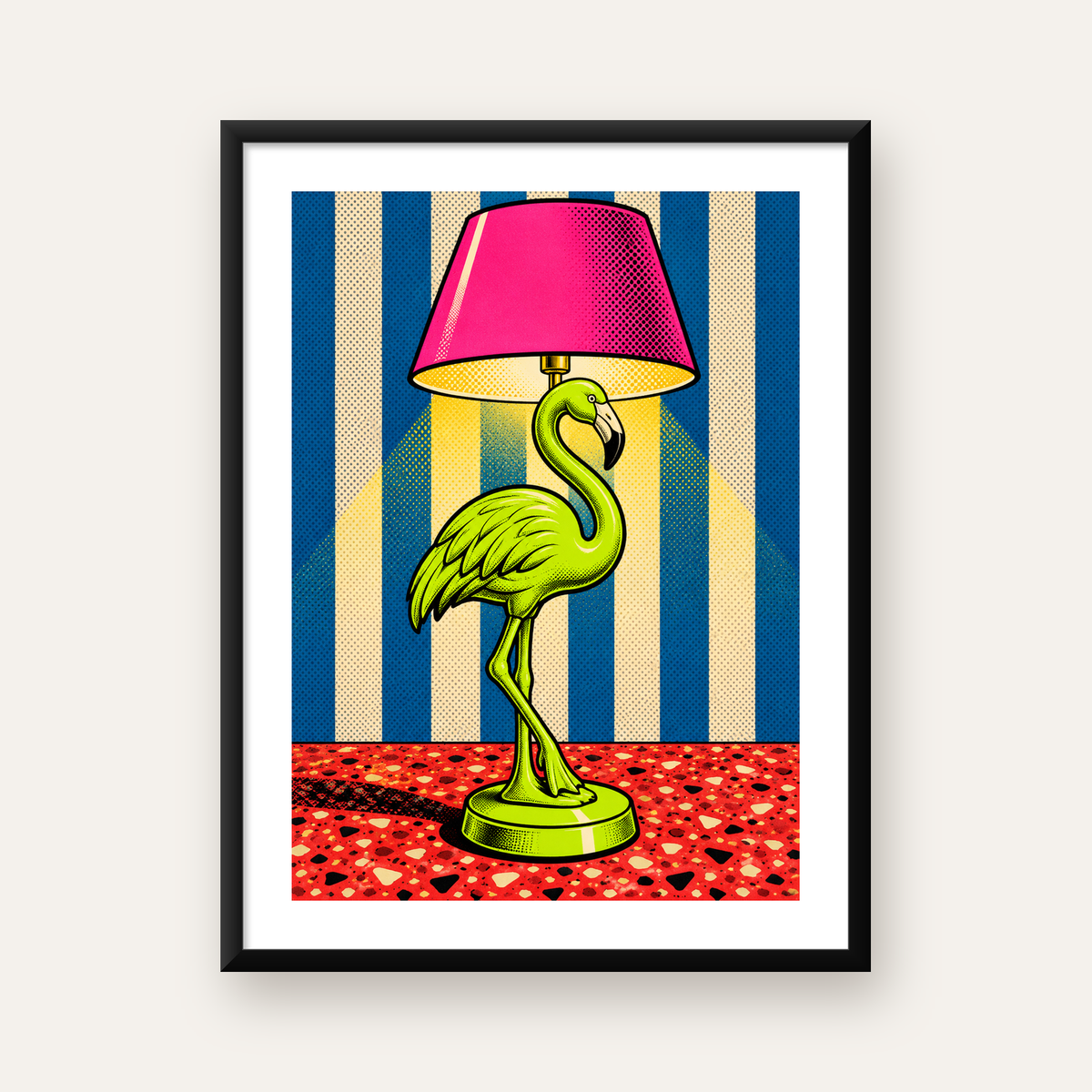 Pop Art Flamingo Lamba Poster – Renkli Duvar Dekoru — Dikey baskı, beyaz paspartulu