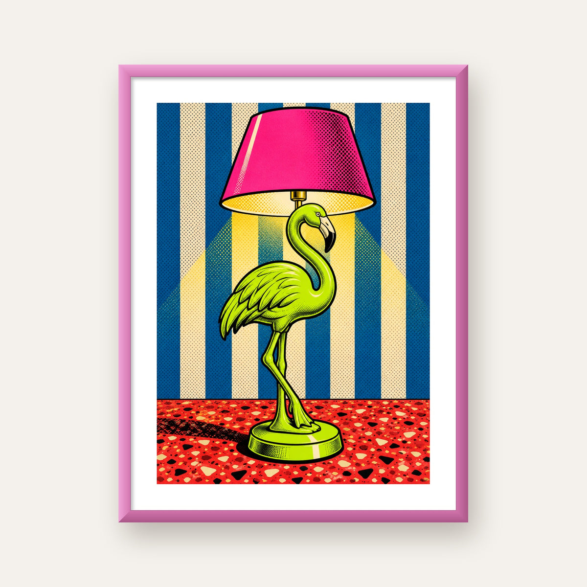 Pop Art Flamingo Lamba Poster – Renkli Duvar Dekoru — pembe çerçeveli paspartulu