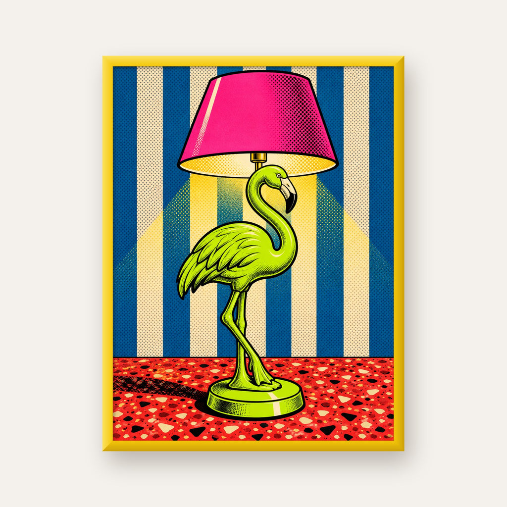 Pop Art Flamingo Lamba Poster – Renkli Duvar Dekoru — sarı çerçeveli
