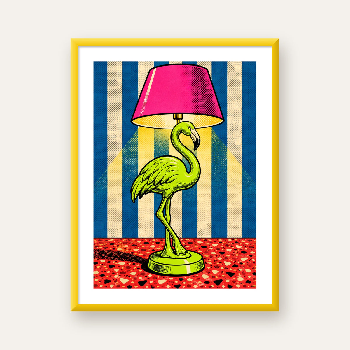 Pop Art Flamingo Lamba Poster – Renkli Duvar Dekoru — sarı çerçeveli paspartulu