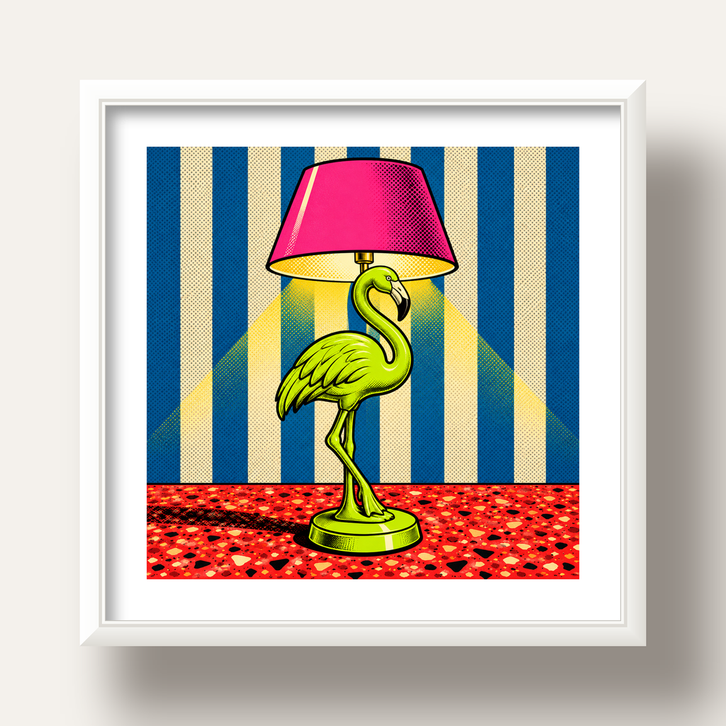 Pop Art Flamingo Lamba Poster – Renkli Duvar Dekoru — beyaz derin çerçeveli paspartulu