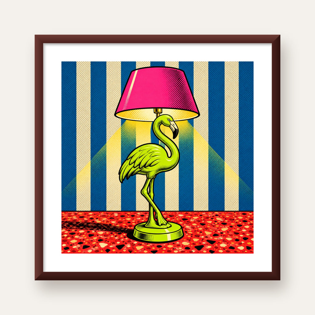 Pop Art Flamingo Lamba Poster – Renkli Duvar Dekoru — ceviz çerçeveli paspartulu
