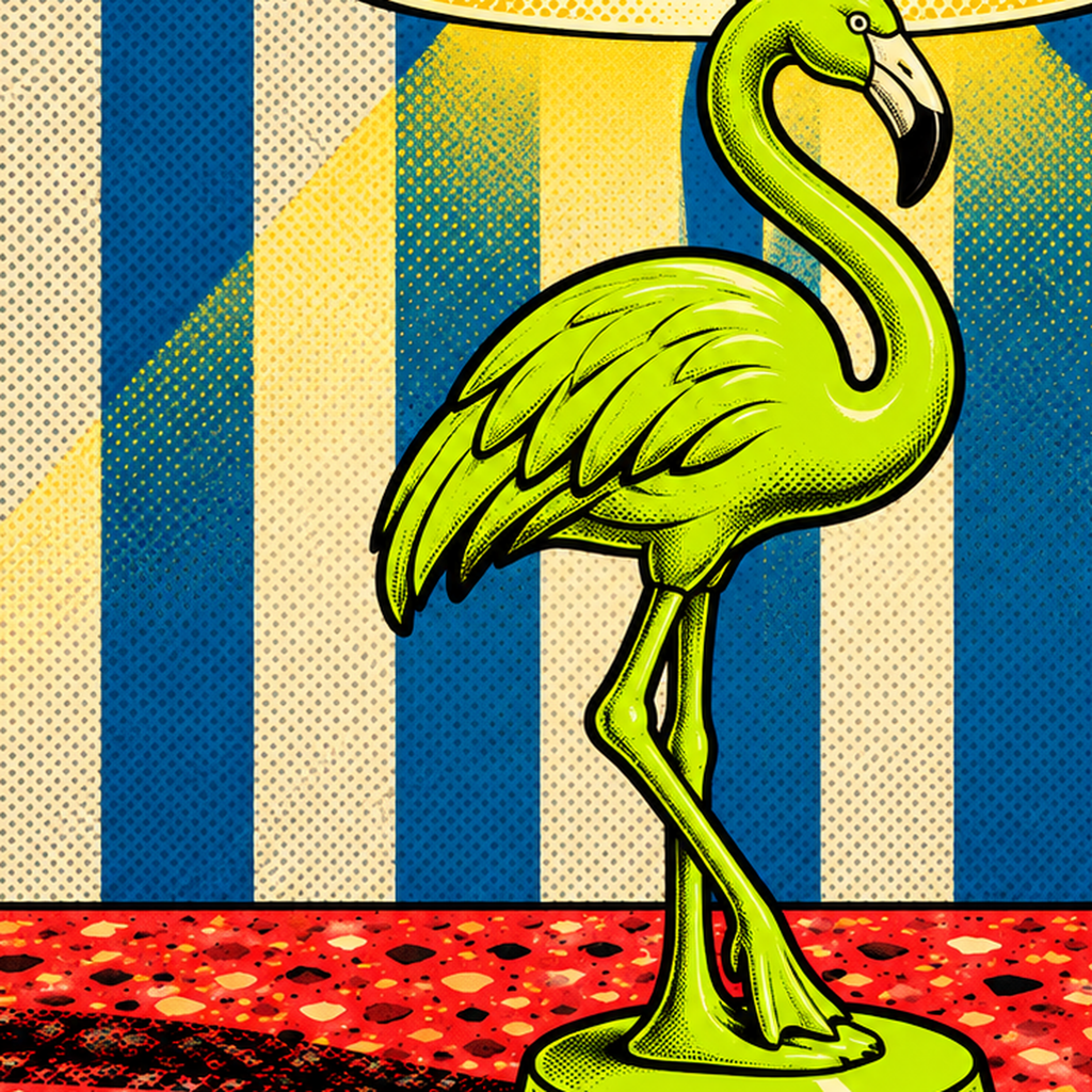 Pop Art Flamingo Lamba Poster – Renkli Duvar Dekoru — baskının yakın çekimi, kâğıt dokusu ve renk detayı