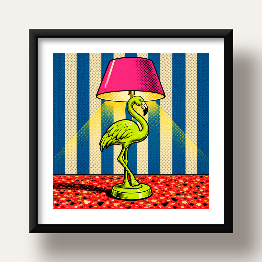 Pop Art Flamingo Lamba Poster – Renkli Duvar Dekoru — siyah derin çerçeveli paspartulu