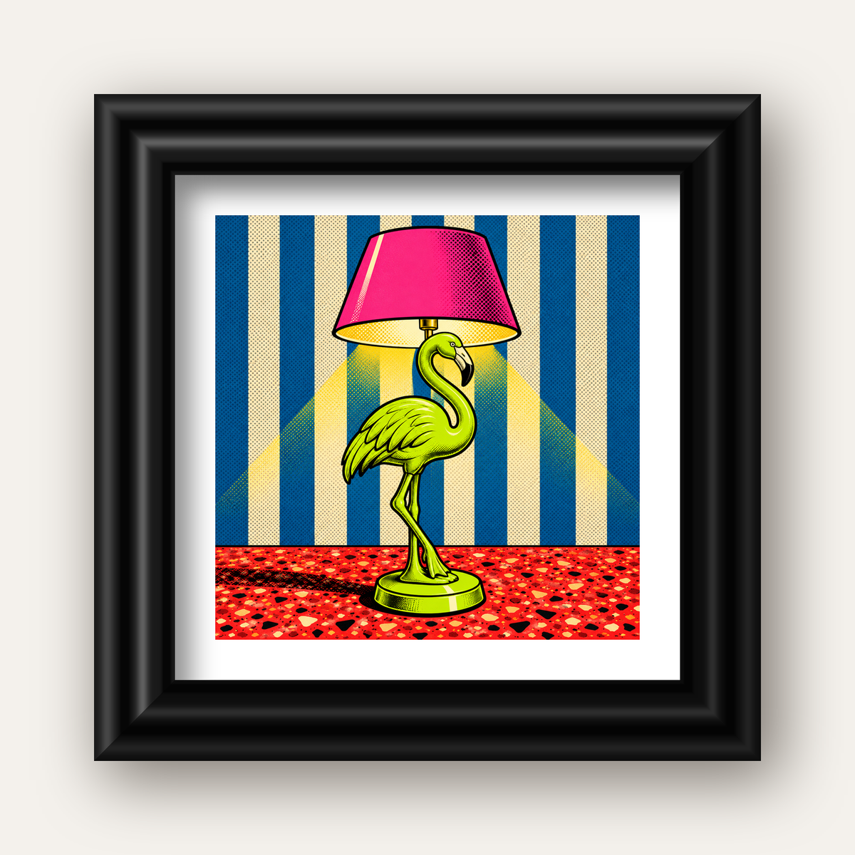 Pop Art Flamingo Lamba Poster – Renkli Duvar Dekoru — siyah galeri çerçeveli paspartulu
