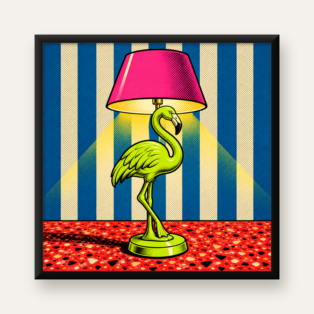 Pop Art Flamingo Lamba Poster – Renkli Duvar Dekoru — Kare baskı, düz siyah çerçeveli duvar posteri