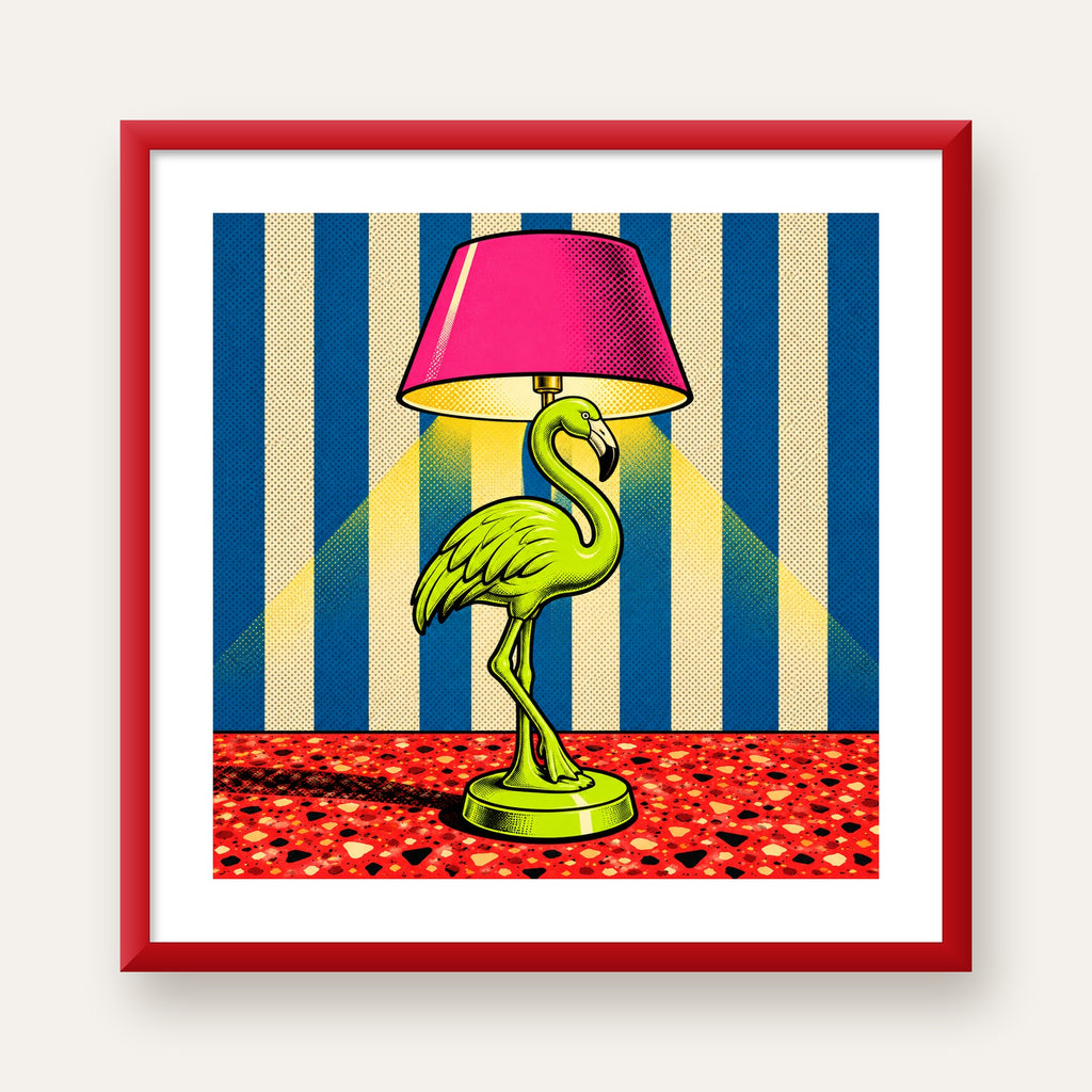 Pop Art Flamingo Lamba Poster – Renkli Duvar Dekoru — kırmızı çerçeveli paspartulu