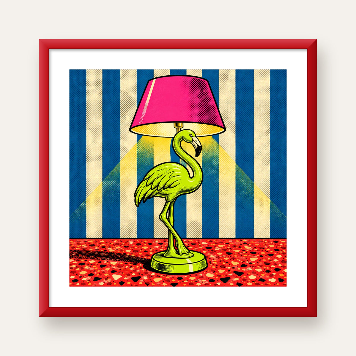Pop Art Flamingo Lamba Poster – Renkli Duvar Dekoru — kırmızı çerçeveli paspartulu