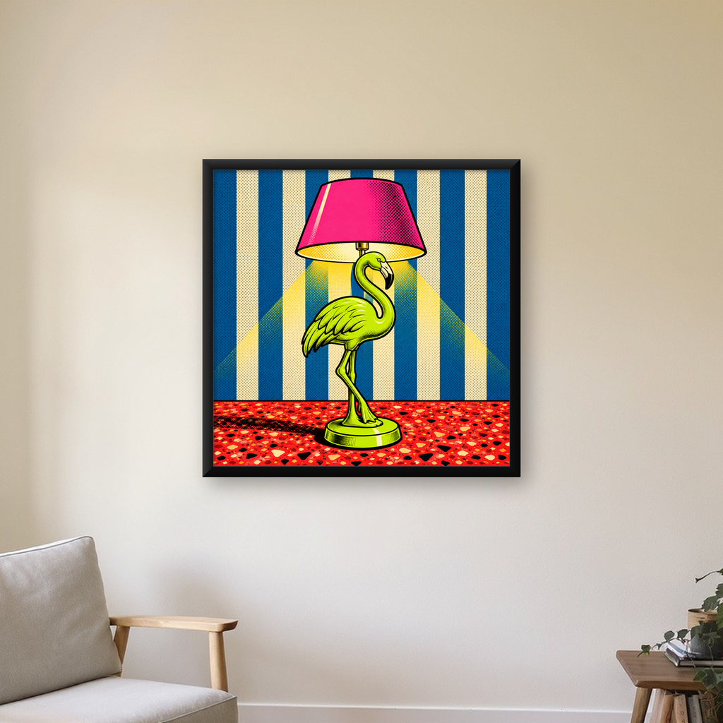Pop Art Flamingo Lamba Poster – Renkli Duvar Dekoru — Kare baskı, çerçeveli hâliyle bir ev duvarında