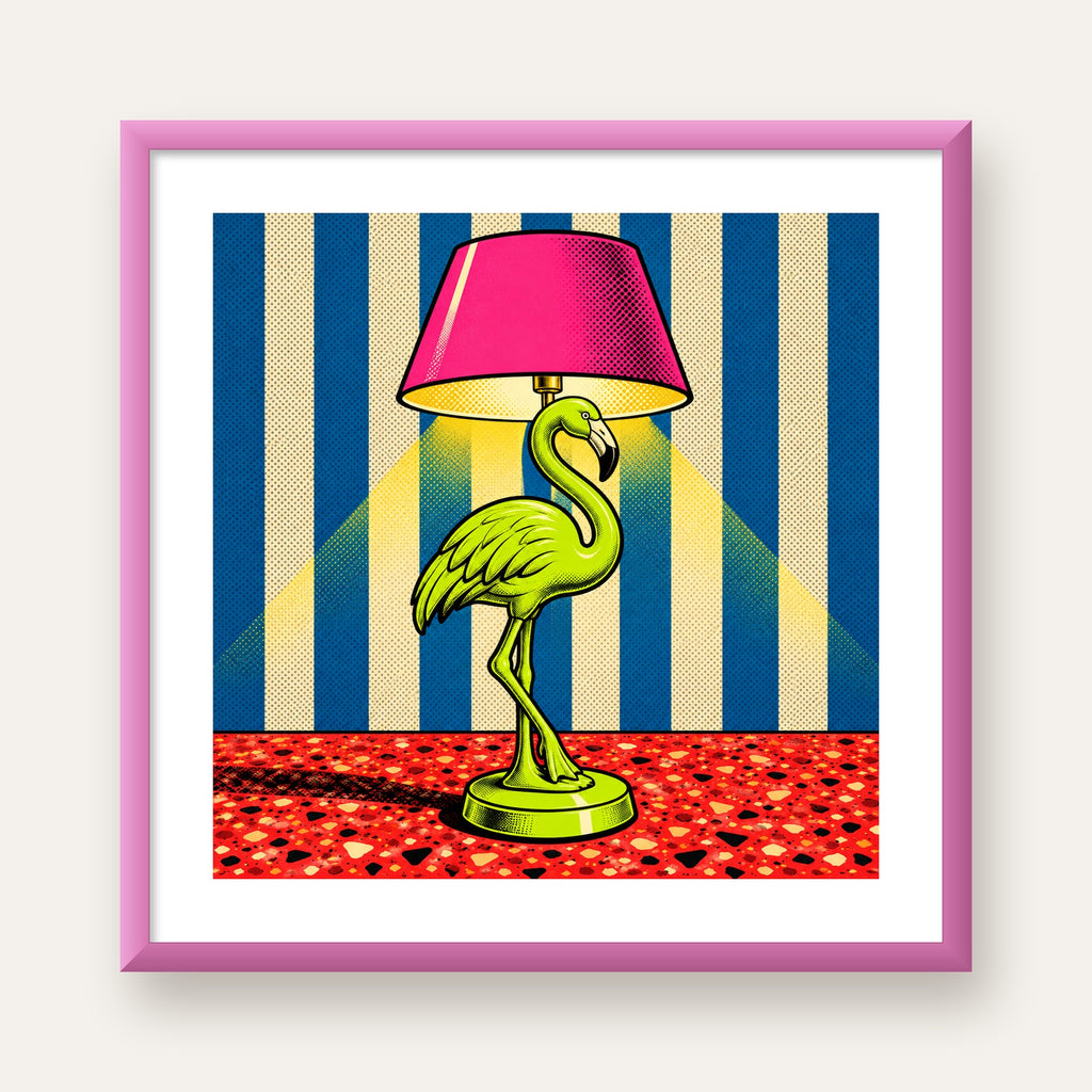 Pop Art Flamingo Lamba Poster – Renkli Duvar Dekoru — pembe çerçeveli paspartulu