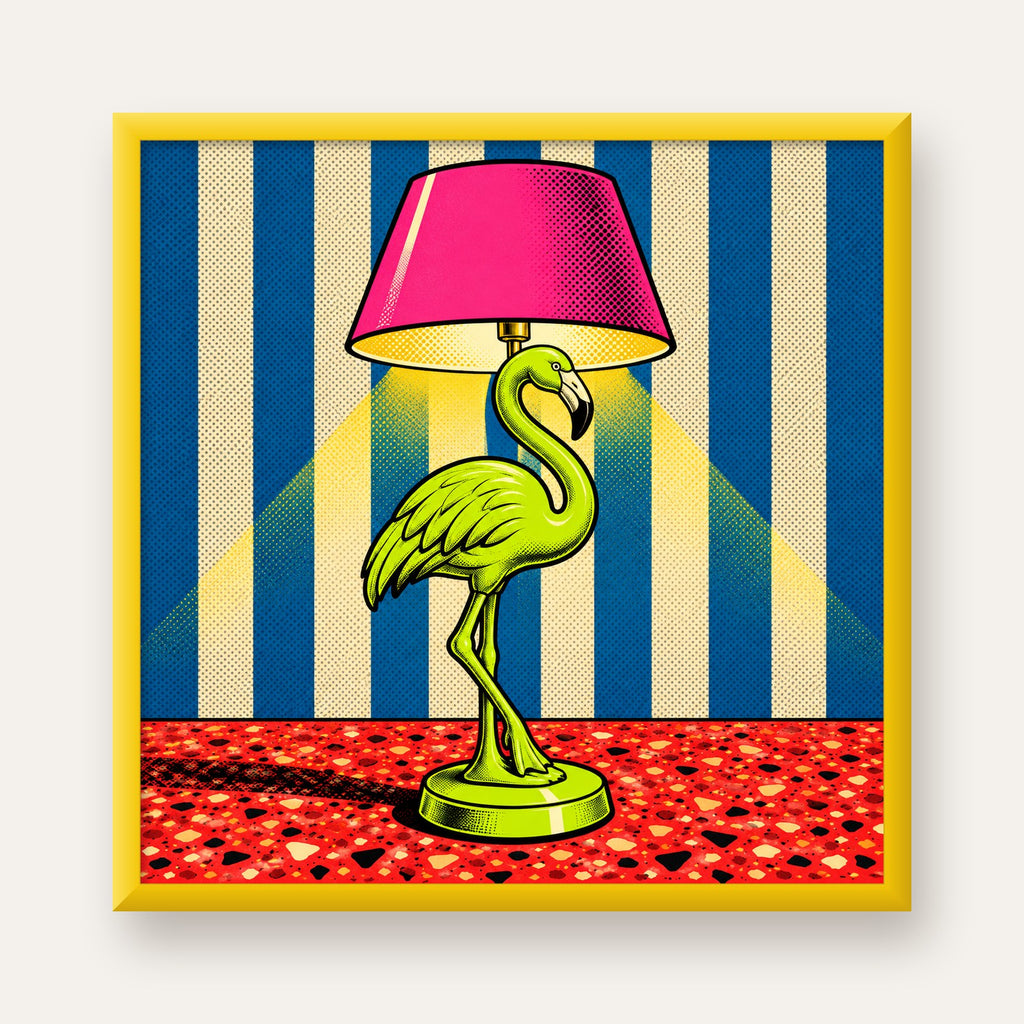 Pop Art Flamingo Lamba Poster – Renkli Duvar Dekoru — sarı çerçeveli