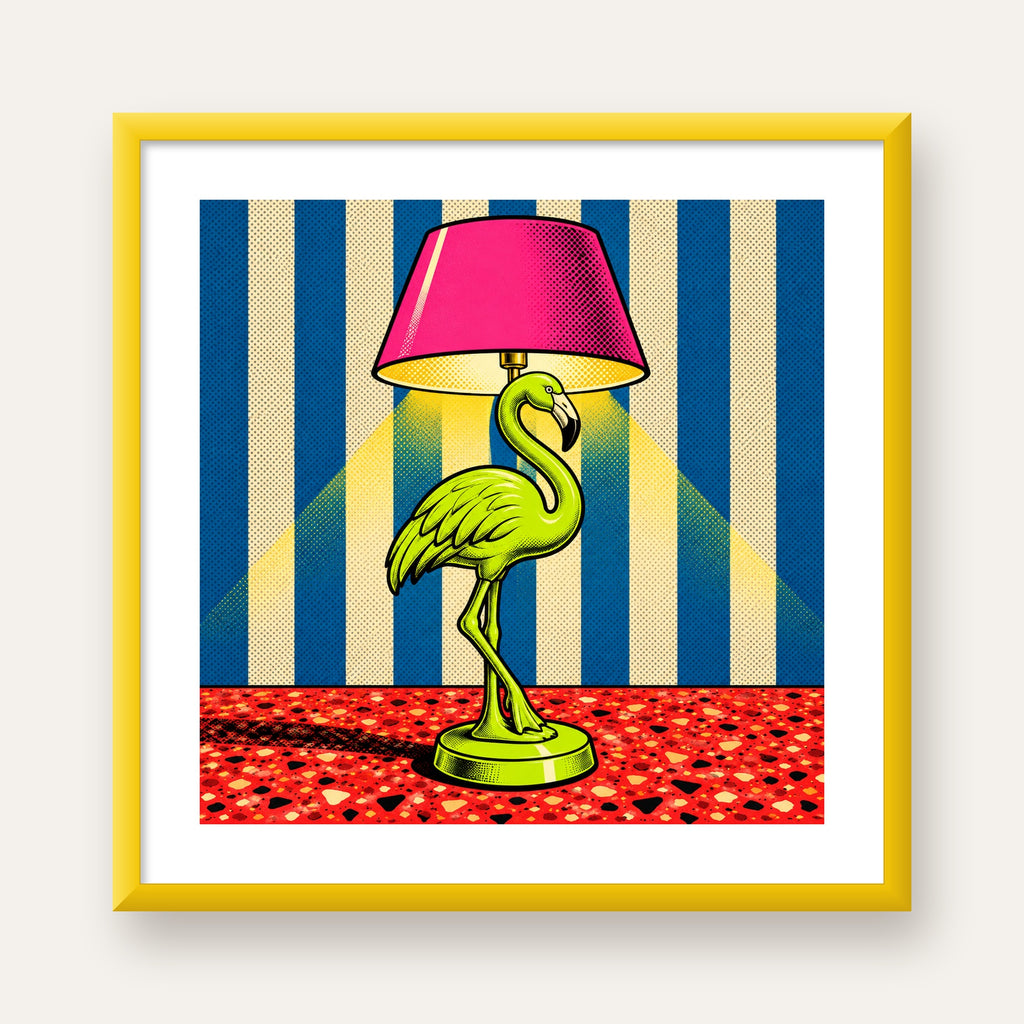 Pop Art Flamingo Lamba Poster – Renkli Duvar Dekoru — sarı çerçeveli paspartulu