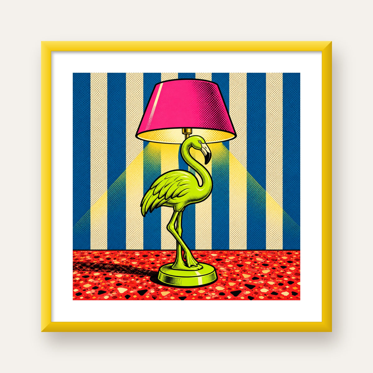 Pop Art Flamingo Lamba Poster – Renkli Duvar Dekoru — sarı çerçeveli paspartulu