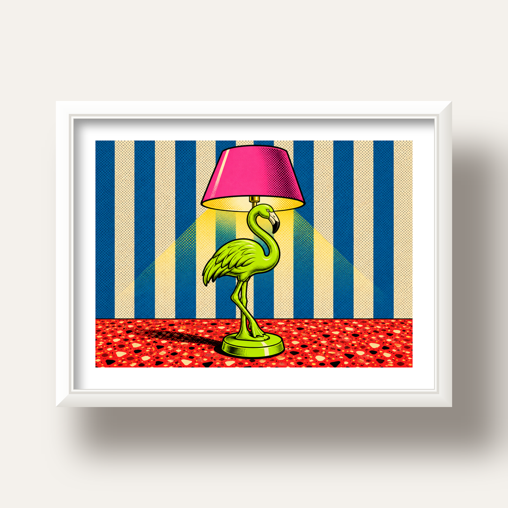 Pop Art Flamingo Lamba Poster – Renkli Duvar Dekoru — beyaz derin çerçeveli paspartulu