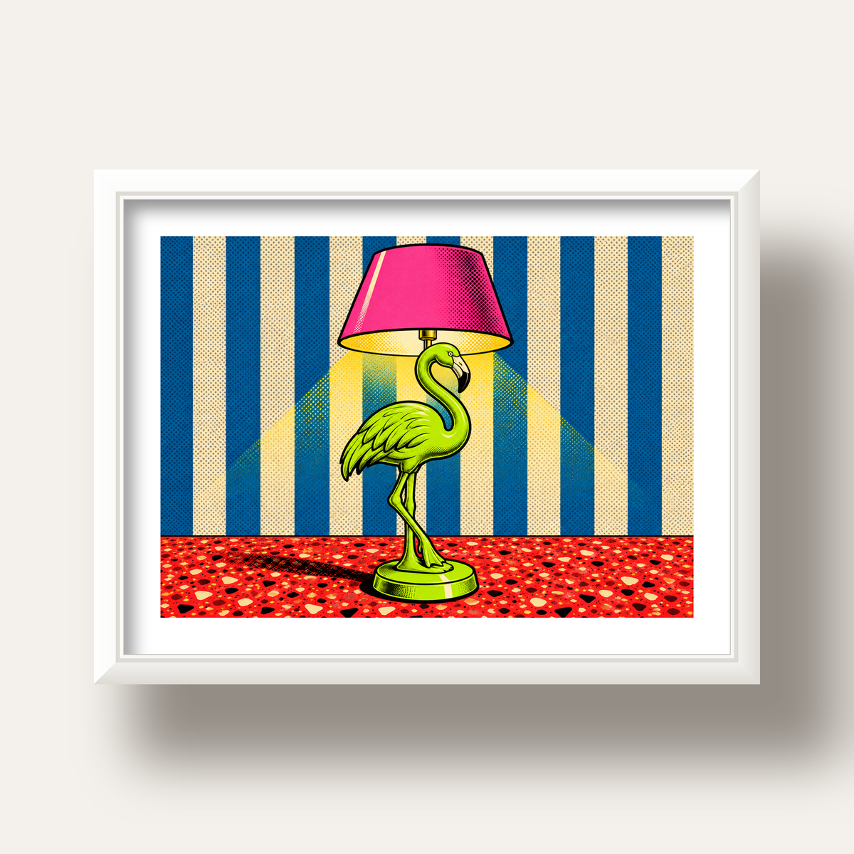 Pop Art Flamingo Lamba Poster – Renkli Duvar Dekoru — beyaz derin çerçeveli paspartulu
