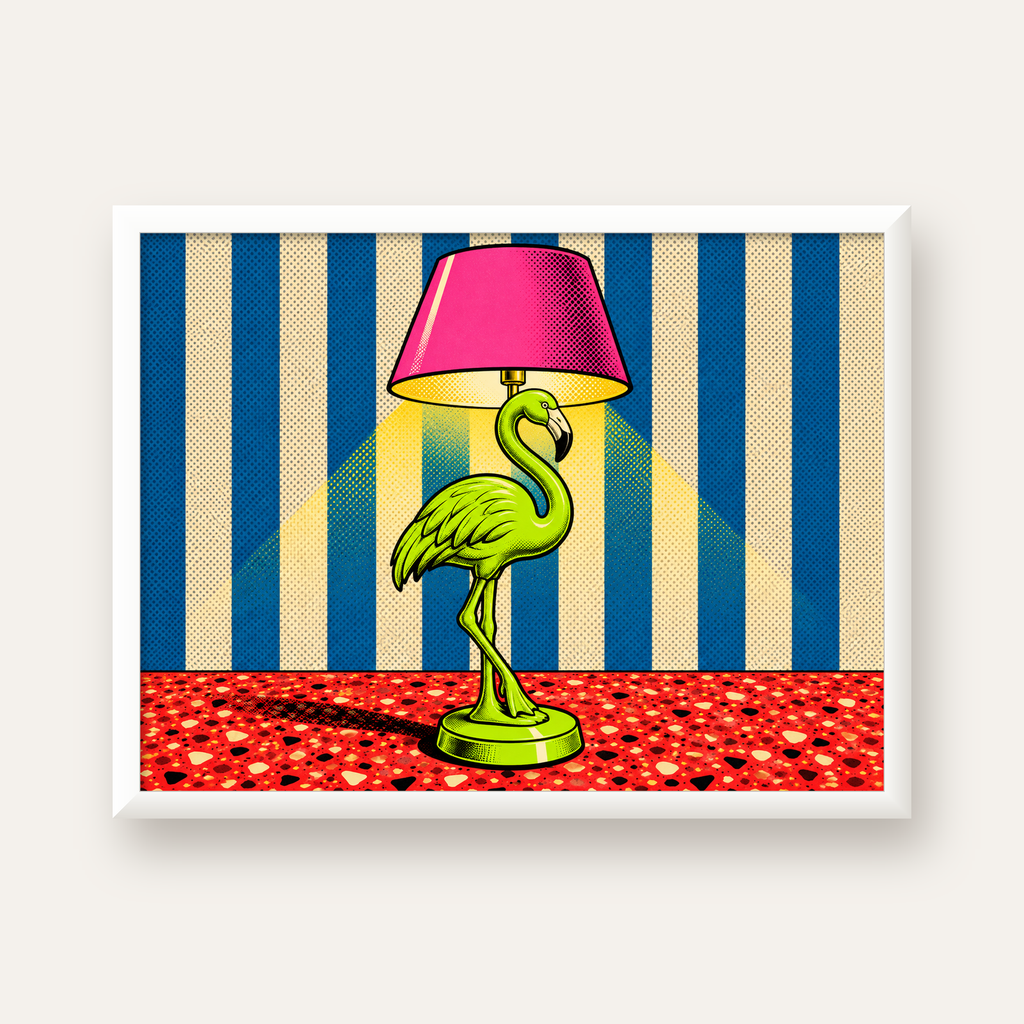 Pop Art Flamingo Lamba Poster – Renkli Duvar Dekoru — beyaz çerçeveli yatay poster
