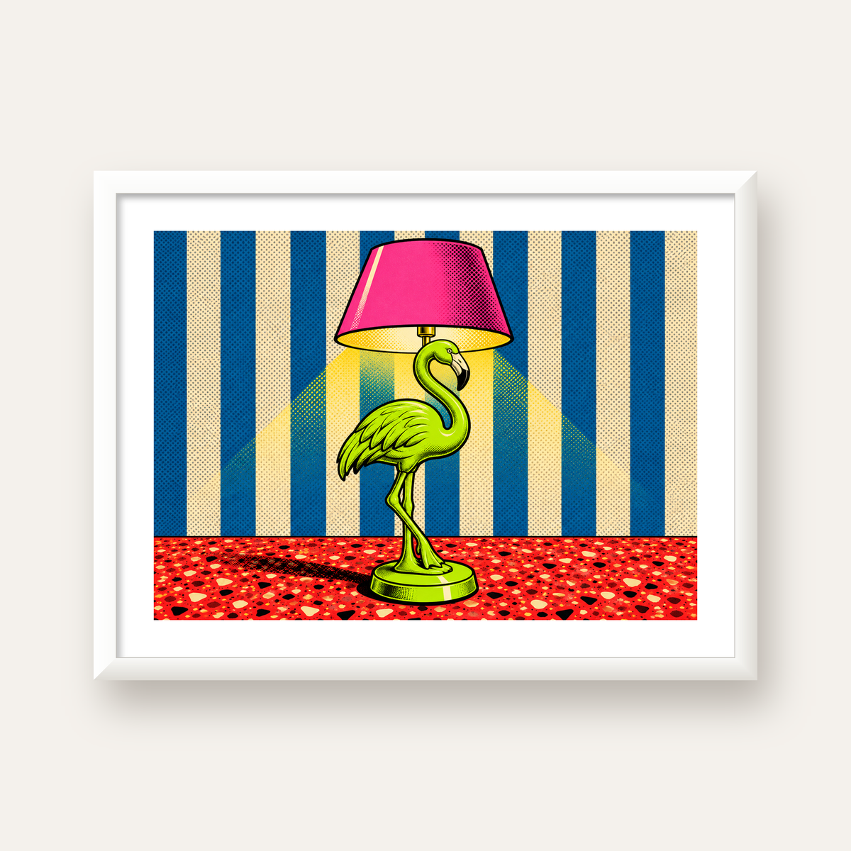 Pop Art Flamingo Lamba Poster – Renkli Duvar Dekoru — beyaz çerçeveli yatay poster