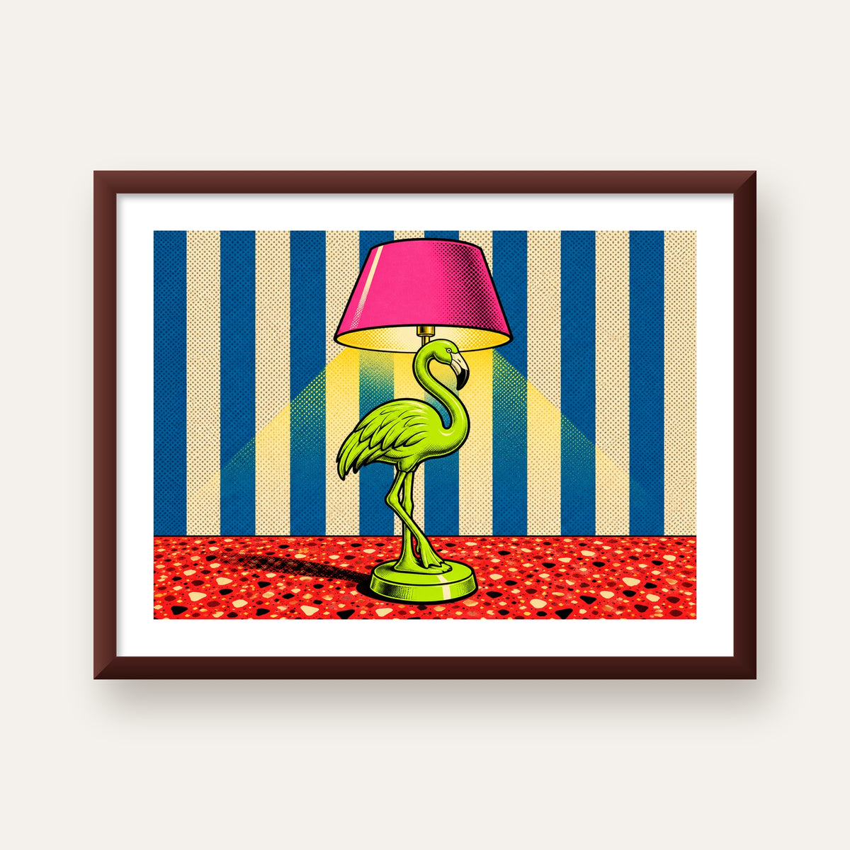 Pop Art Flamingo Lamba Poster – Renkli Duvar Dekoru — ceviz çerçeveli paspartulu