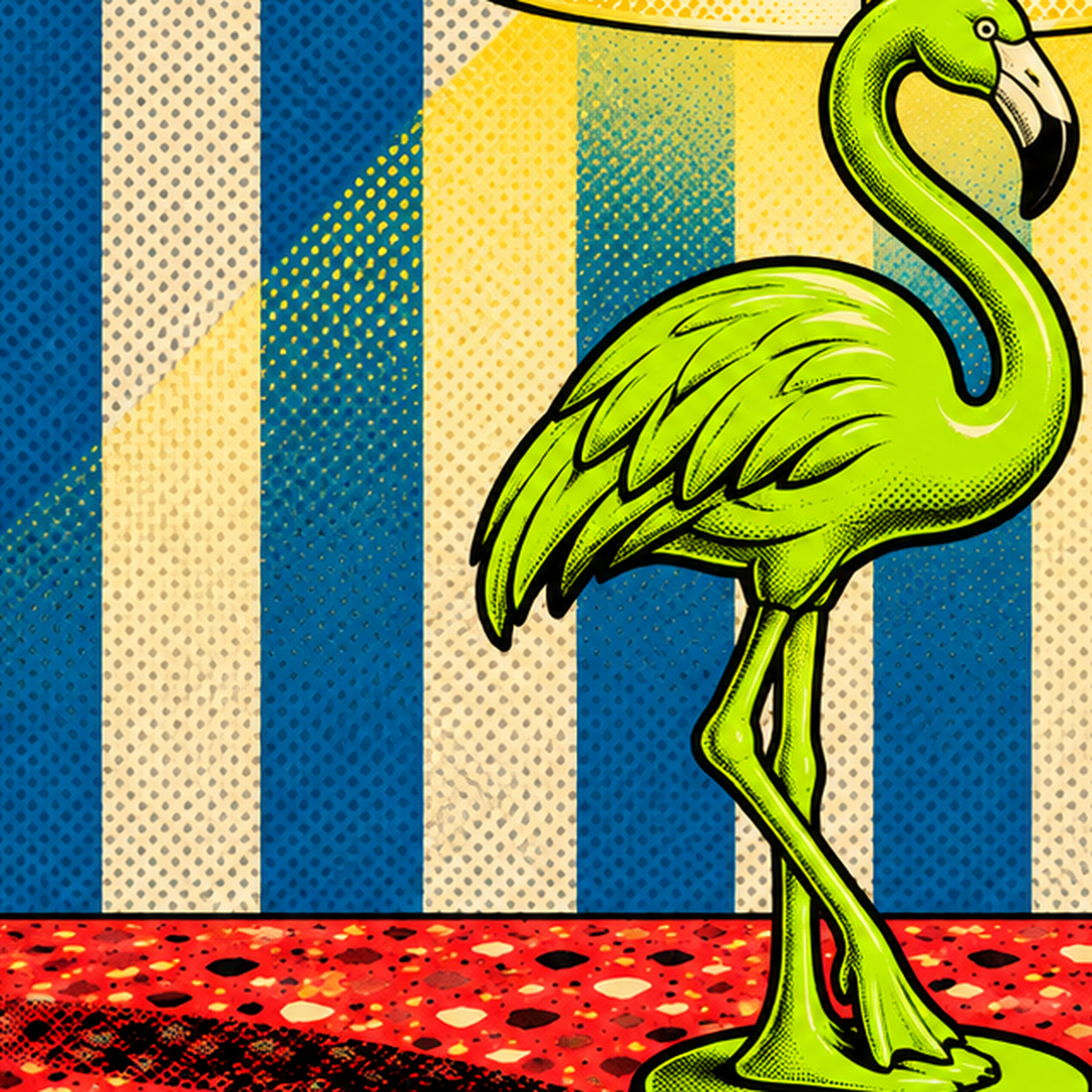 Pop Art Flamingo Lamba Poster – Renkli Duvar Dekoru — baskının yakın çekimi, kâğıt dokusu ve renk detayı