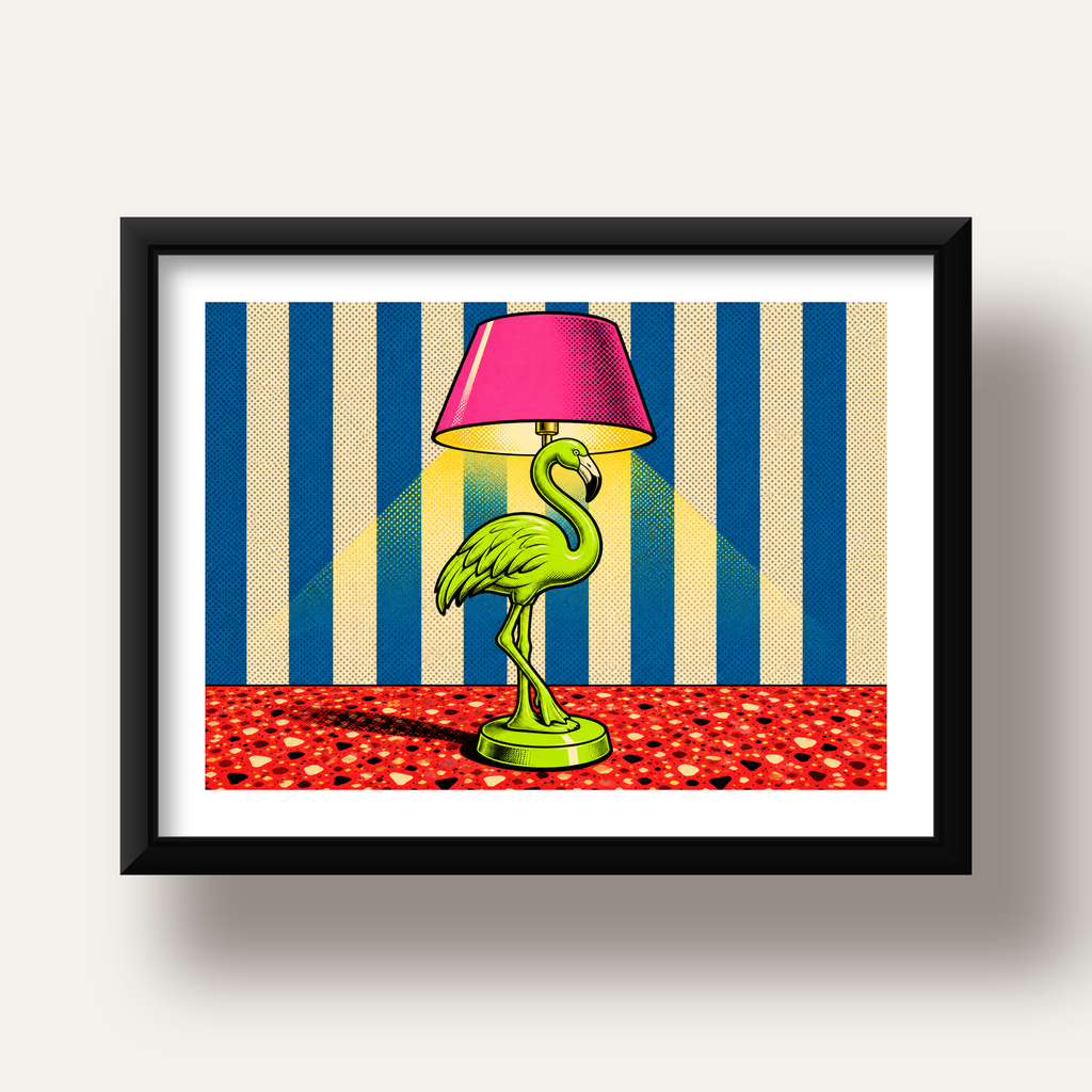 Pop Art Flamingo Lamba Poster – Renkli Duvar Dekoru — siyah derin çerçeveli paspartulu