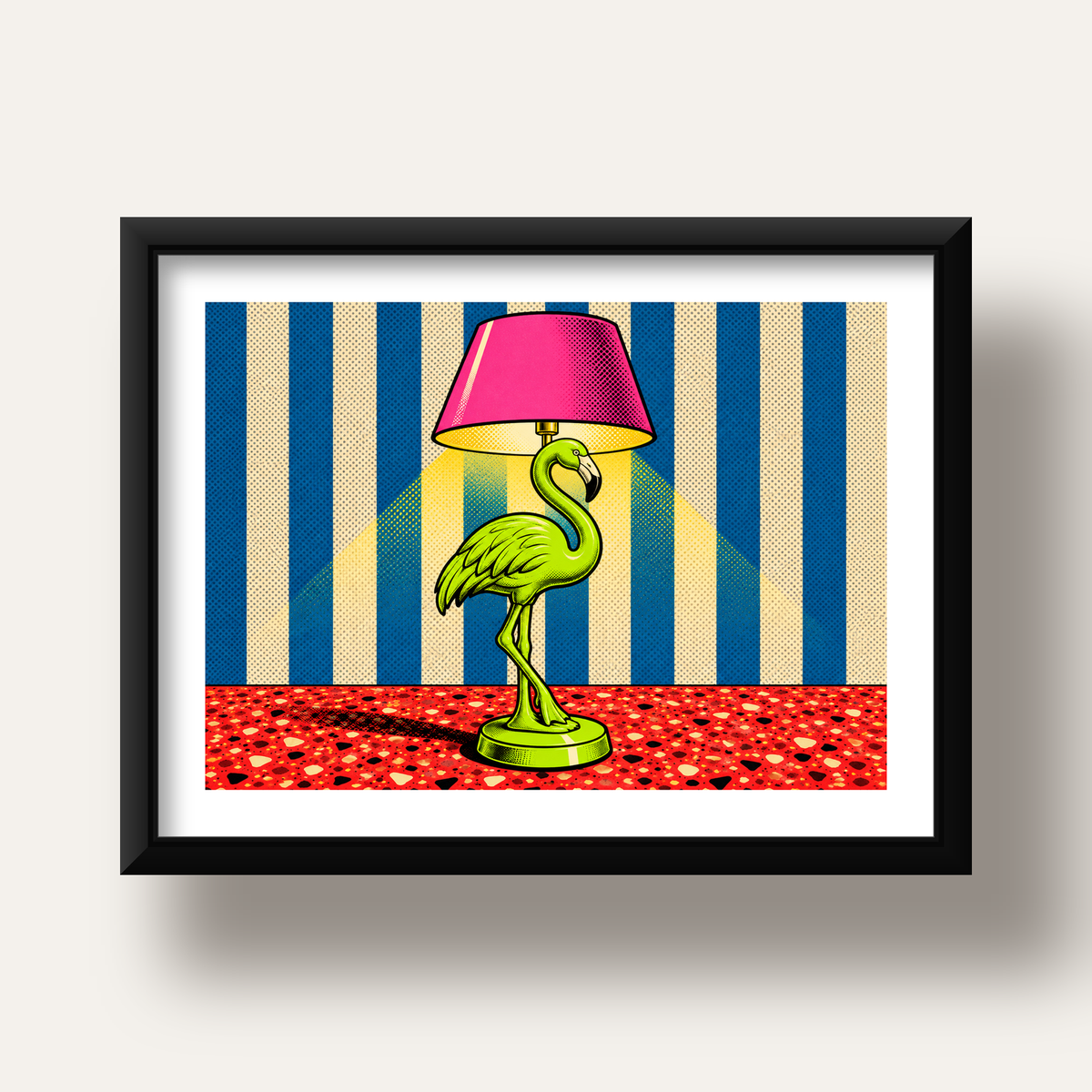 Pop Art Flamingo Lamba Poster – Renkli Duvar Dekoru — siyah derin çerçeveli paspartulu