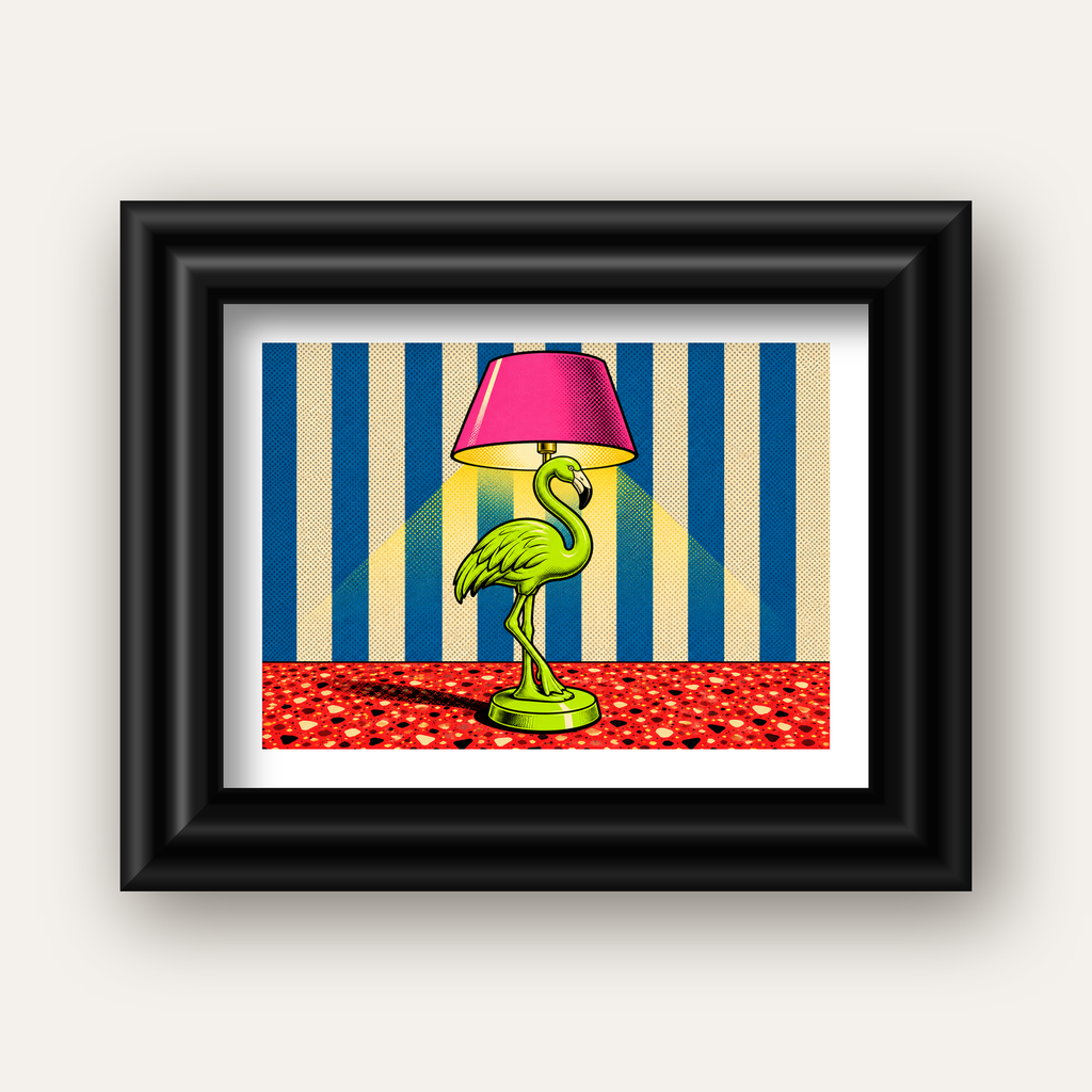 Pop Art Flamingo Lamba Poster – Renkli Duvar Dekoru — siyah galeri çerçeveli paspartulu