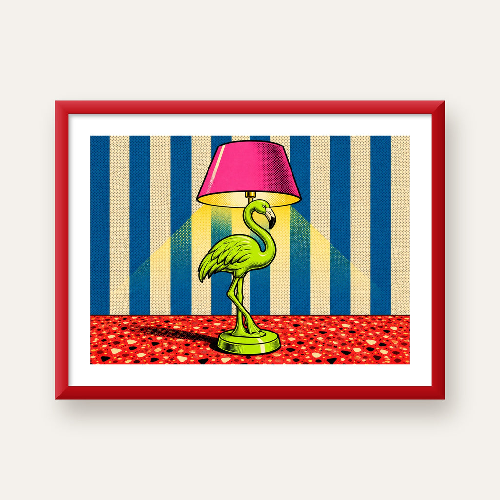 Pop Art Flamingo Lamba Poster – Renkli Duvar Dekoru — kırmızı çerçeveli paspartulu