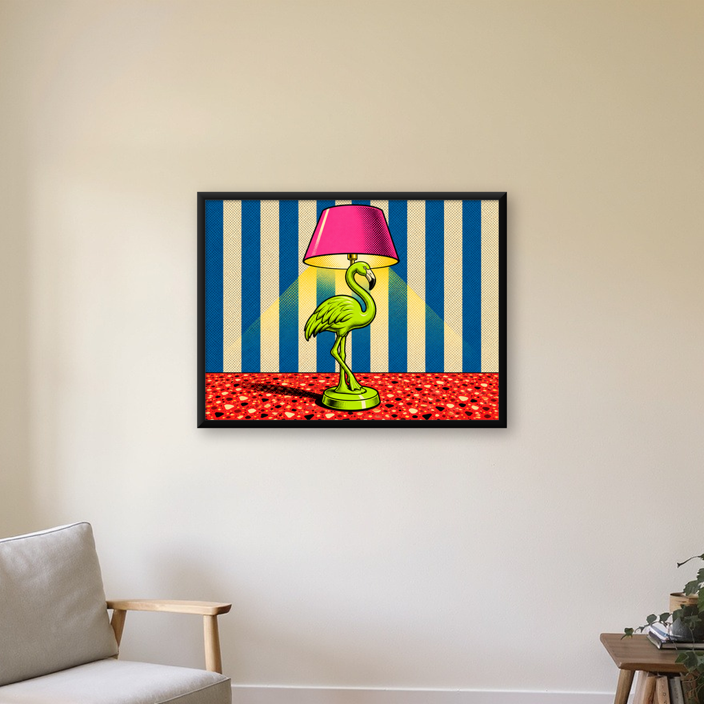 Pop Art Flamingo Lamba Poster – Renkli Duvar Dekoru — Yatay baskı, çerçeveli hâliyle bir ev duvarında