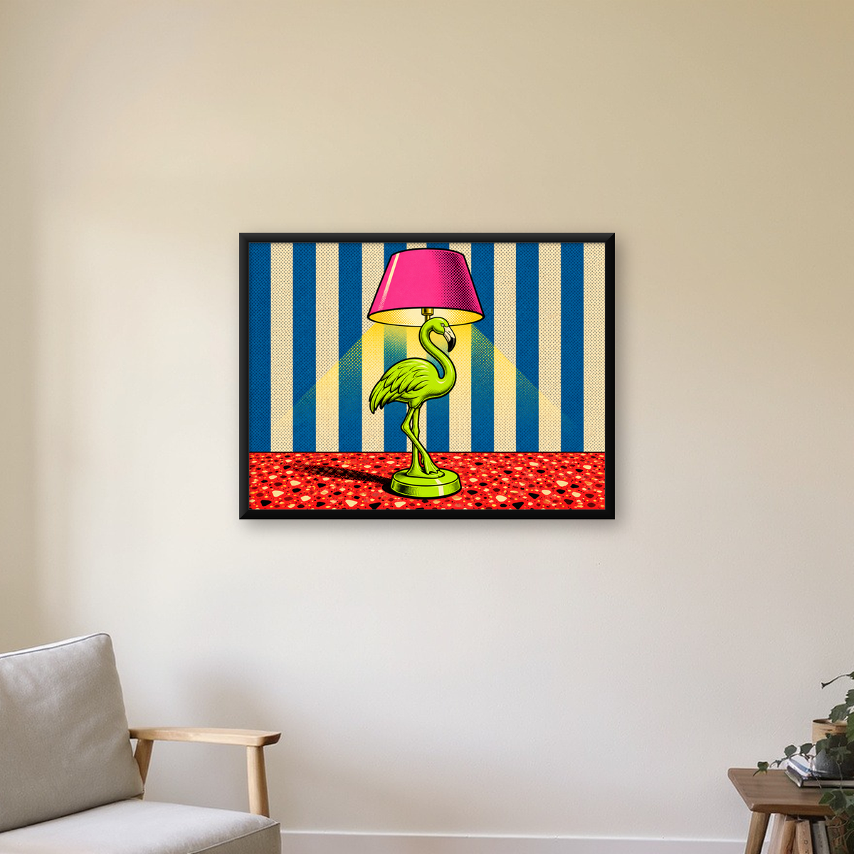 Pop Art Flamingo Lamba Poster – Renkli Duvar Dekoru — Yatay baskı, çerçeveli hâliyle bir ev duvarında